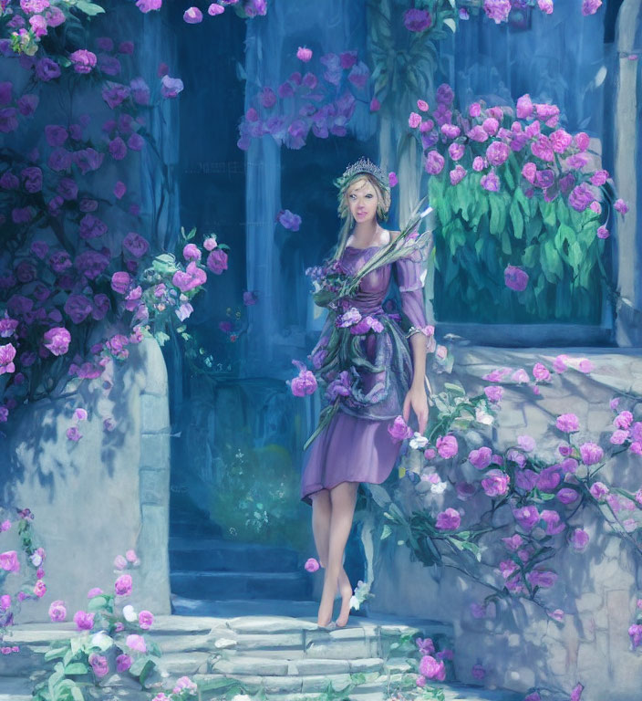 Woman in Purple Dress with Floral Crown and Bouquet Surrounded by Pink Roses and Stone Staircase