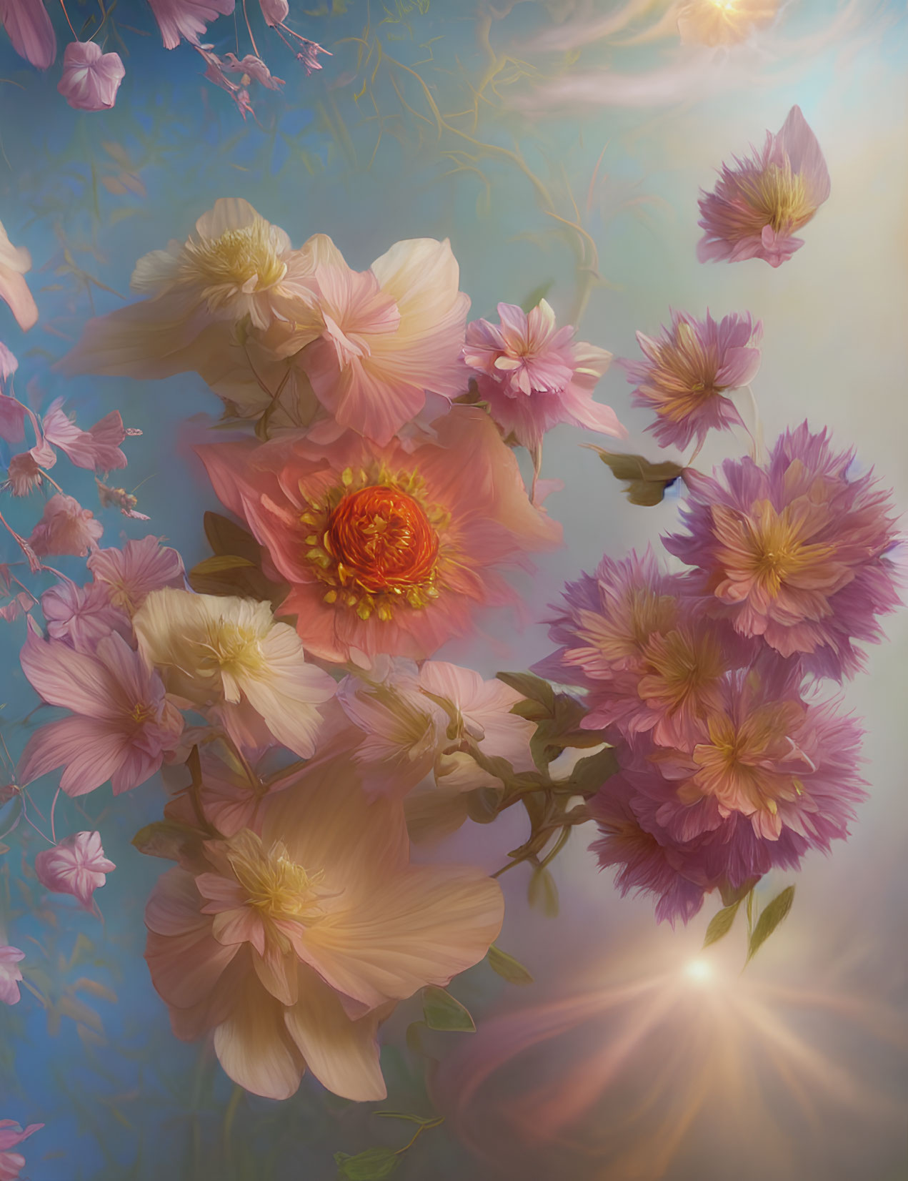 Ethereal pink flowers in soft warm light on dreamlike blue background