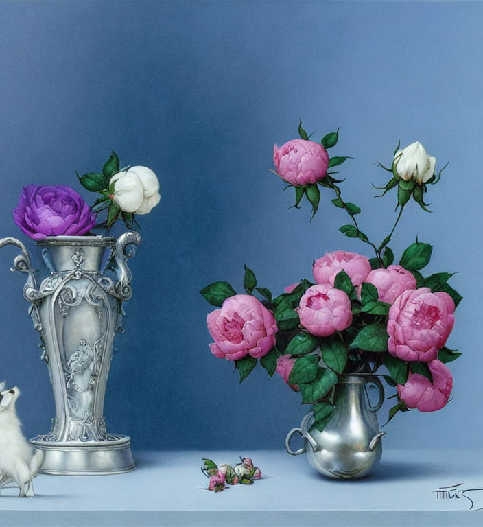Silver vase, teapot, roses, and dog painting in realistic style.