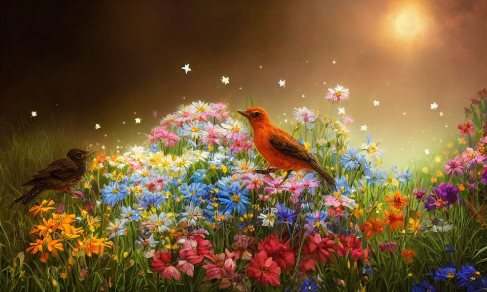 Colorful digital artwork: Two birds in floral landscape with glowing sun/moon