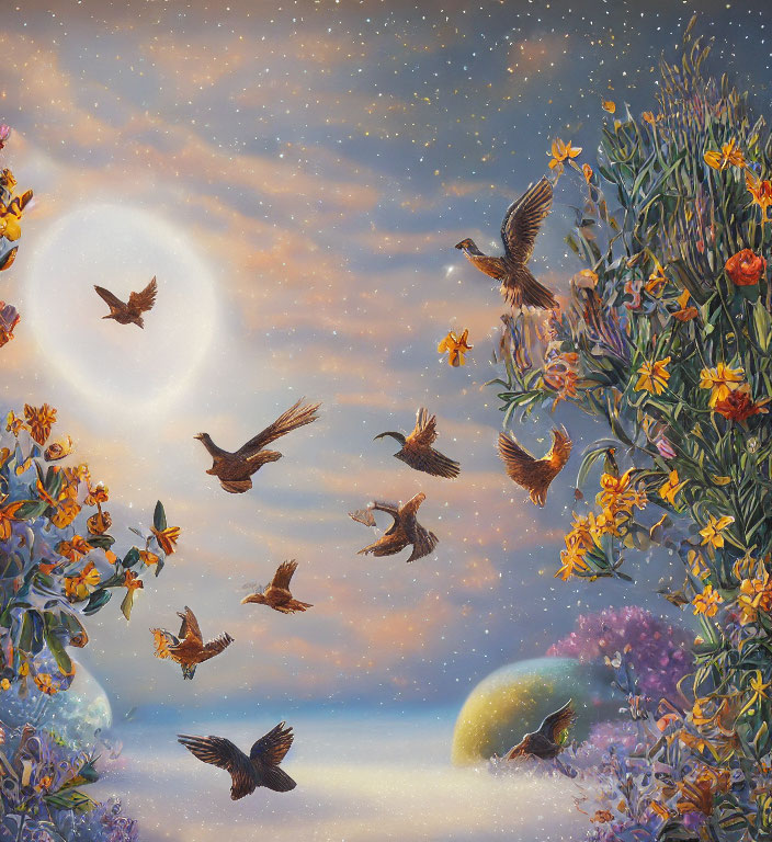 Birds flying in twilight sky with moon and colorful bushes in starry background