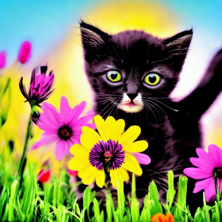 Black kitten with white markings among colorful flowers and green grass on vibrant backdrop