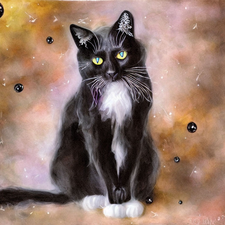 Black cat with white chest and yellow eyes against celestial background