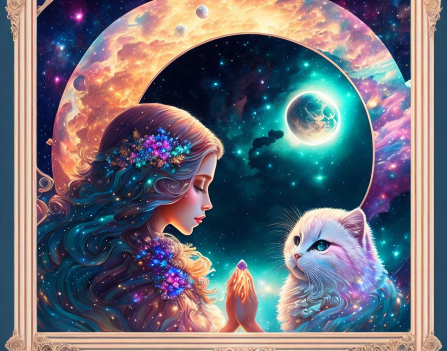 Digital artwork: Woman with floral hair and cat in cosmic scene