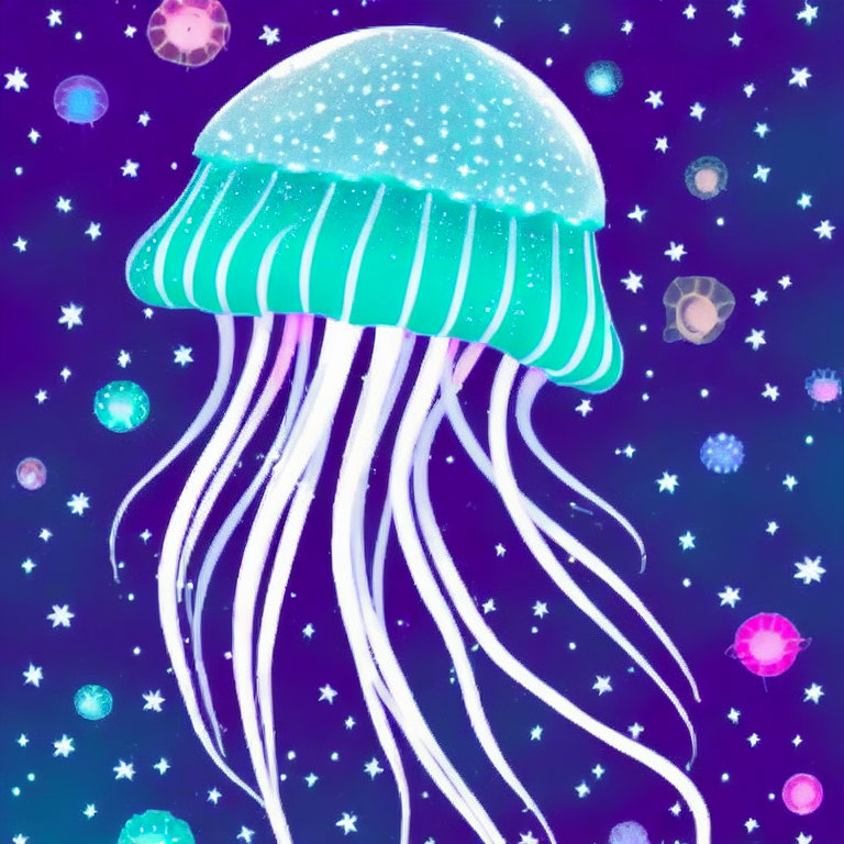 Colorful turquoise jellyfish illustration on purple starry background