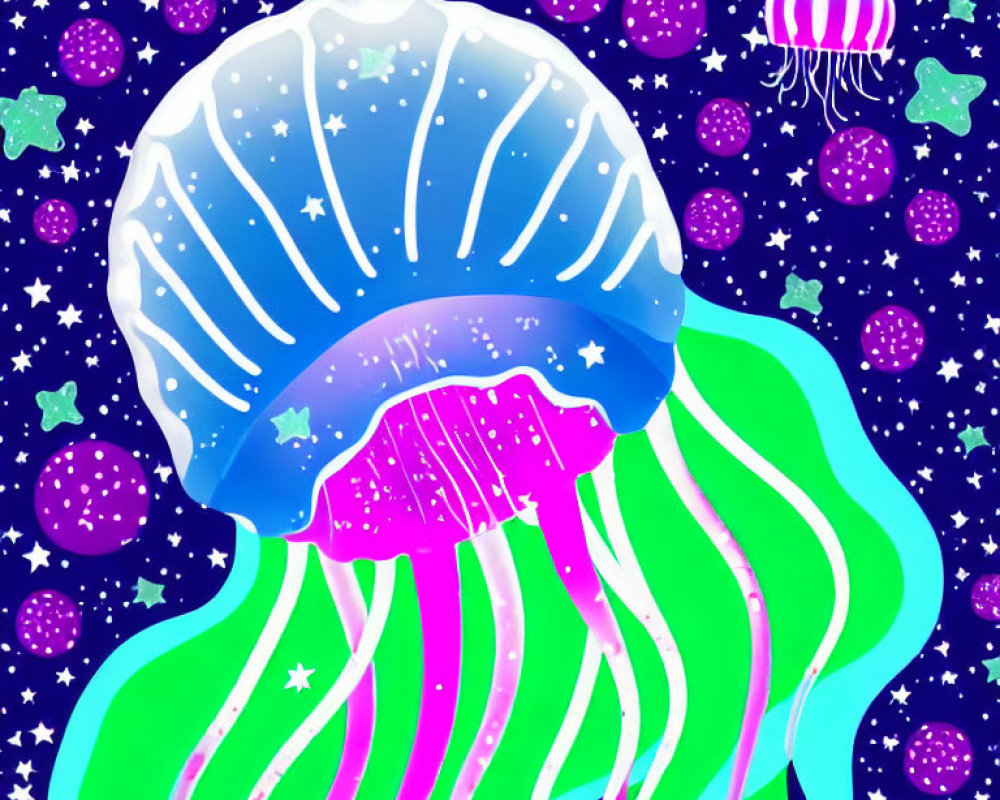 Colorful Jellyfish in Cosmic Starry Background