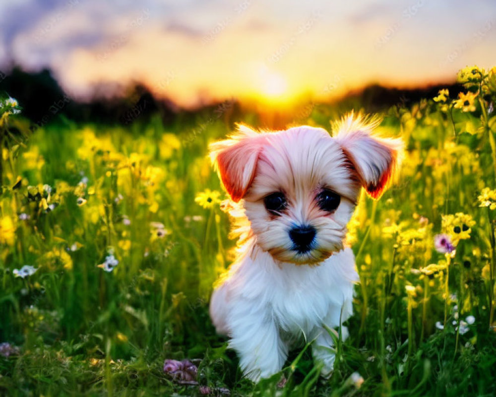 Fluffy puppy in wildflower field at sunset