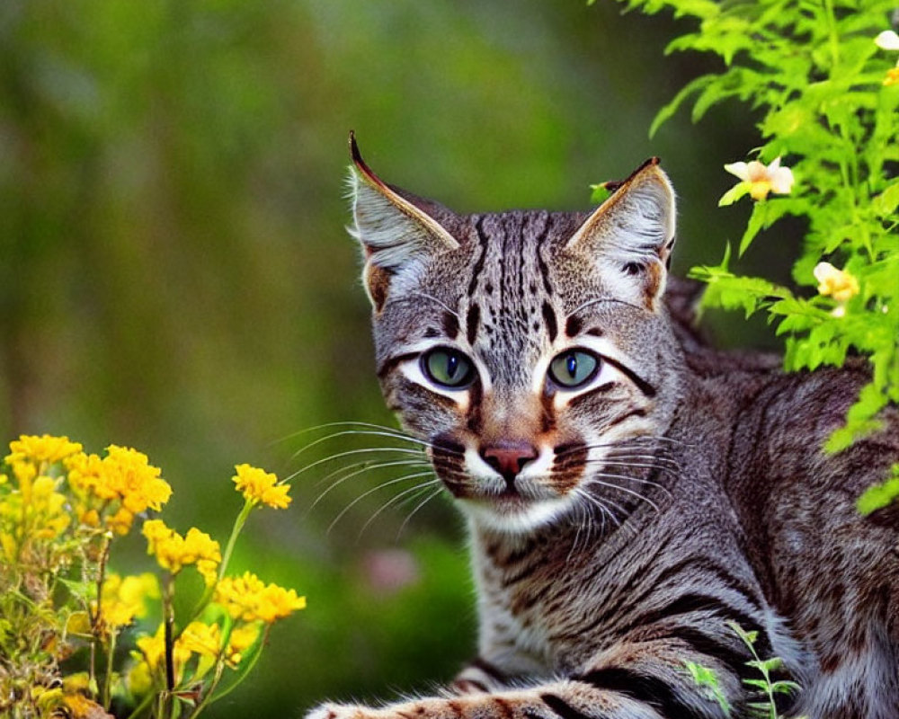 Tabby Cat with Blue Eyes Surrounded by Green Foliage and Yellow Flowers