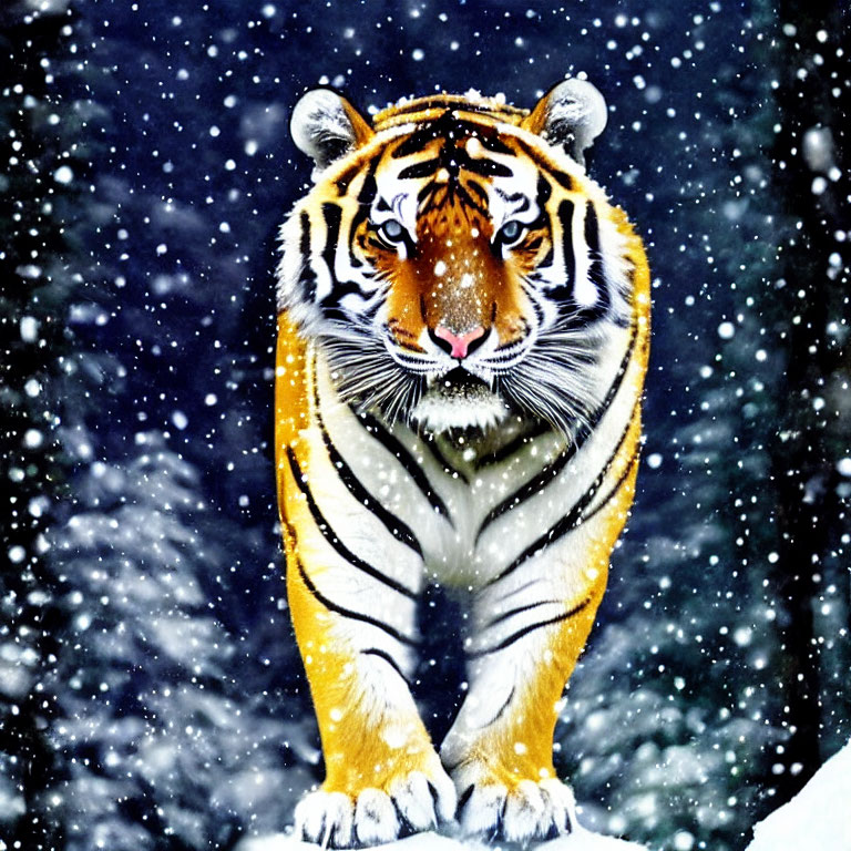 Majestic tiger standing in snowfall with striking stripes