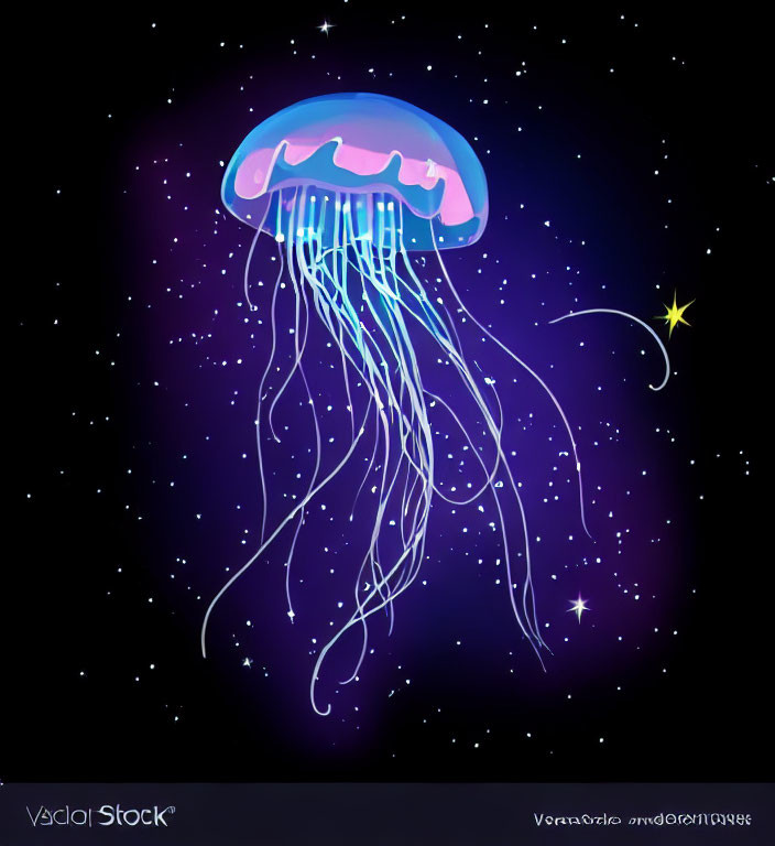 Colorful neon blue jellyfish art on starry night background with watermark.