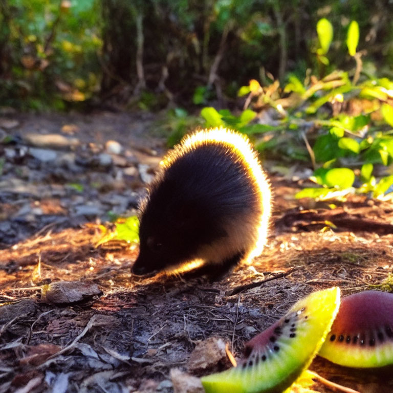 Small porcupine in golden sunlight on forest path with kiwi slices.