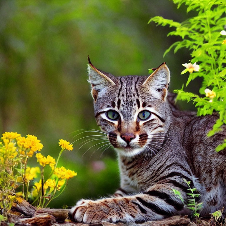 Tabby Cat with Blue Eyes Surrounded by Green Foliage and Yellow Flowers