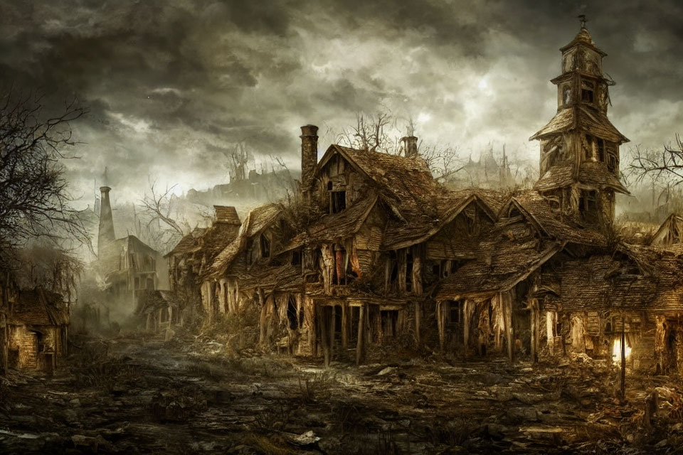 Desolate abandoned village with dilapidated buildings and gloomy sky