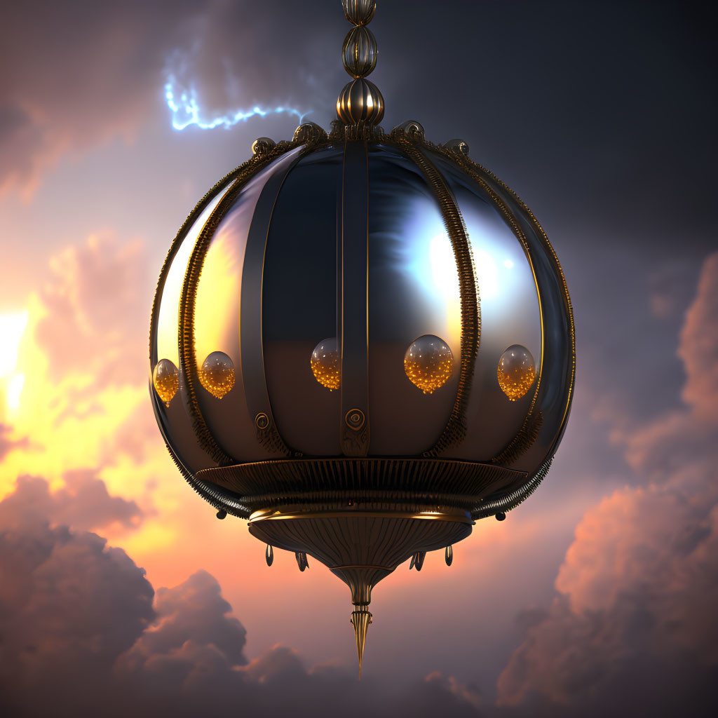 Steampunk airship with glowing orbs in cloudy dusk sky