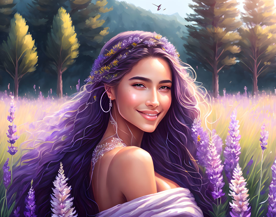 Smiling woman with lavender hair in floral crown among purple wildflowers