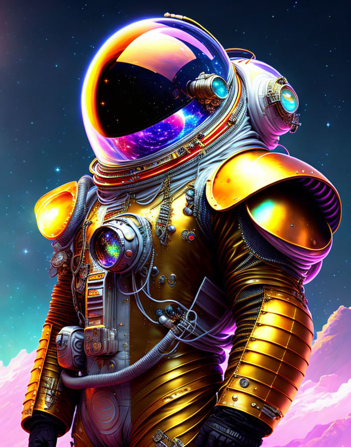 Golden detailed astronaut in cosmic backdrop with stars and nebulae reflected in visor