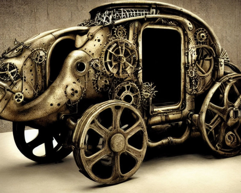 Steampunk-style vehicle with intricate gears and rustic texture on plain surface.