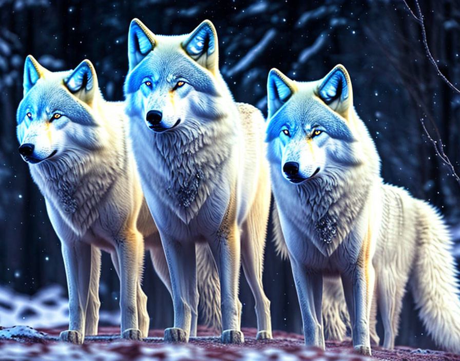 Three blue-eyed wolves in snowy forest under night sky