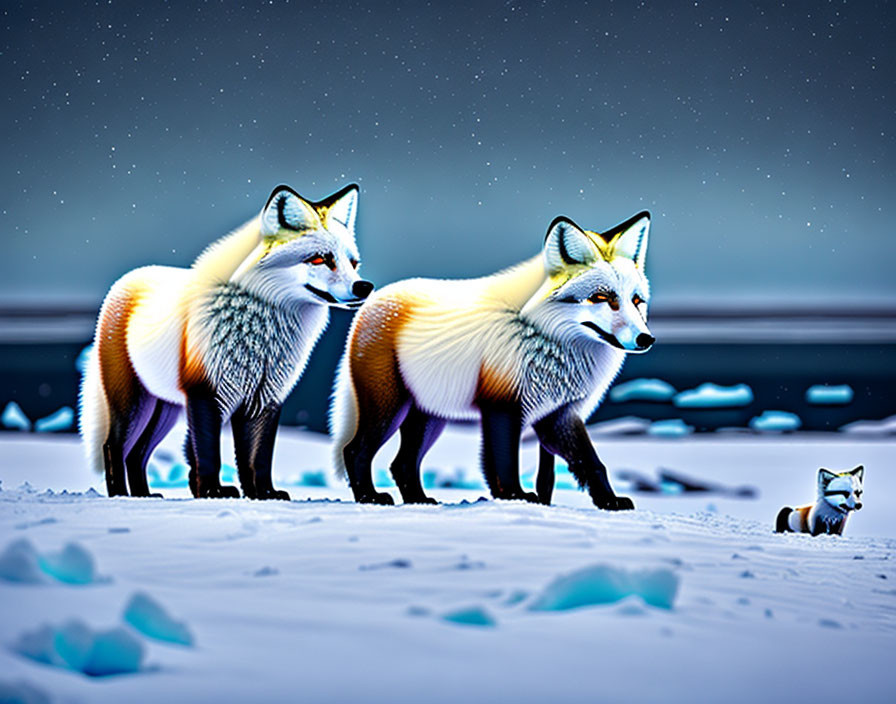 a colorful pack of arctic foxes in the arctic