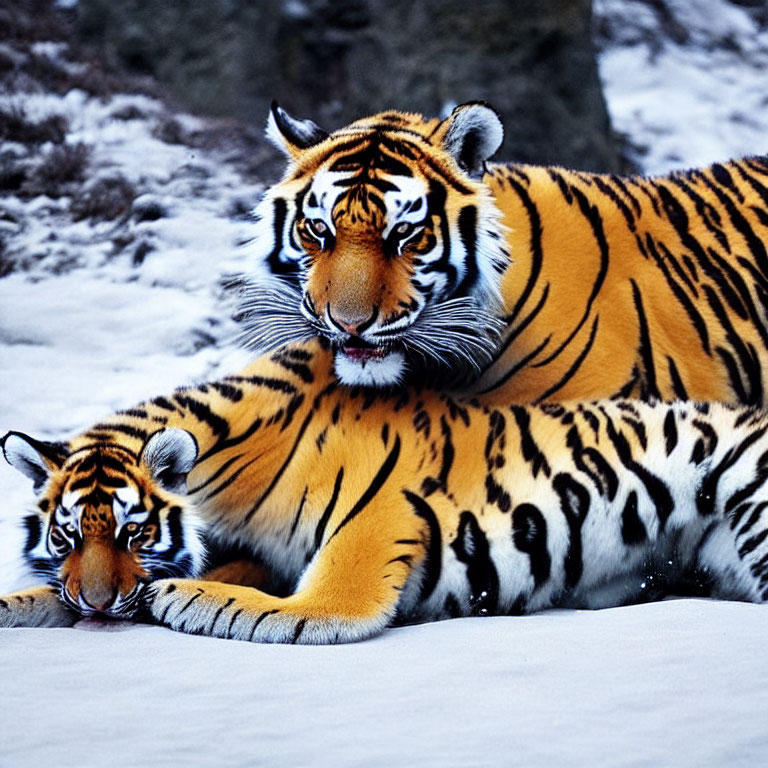 Two Tigers Resting on Snow-Covered Ground