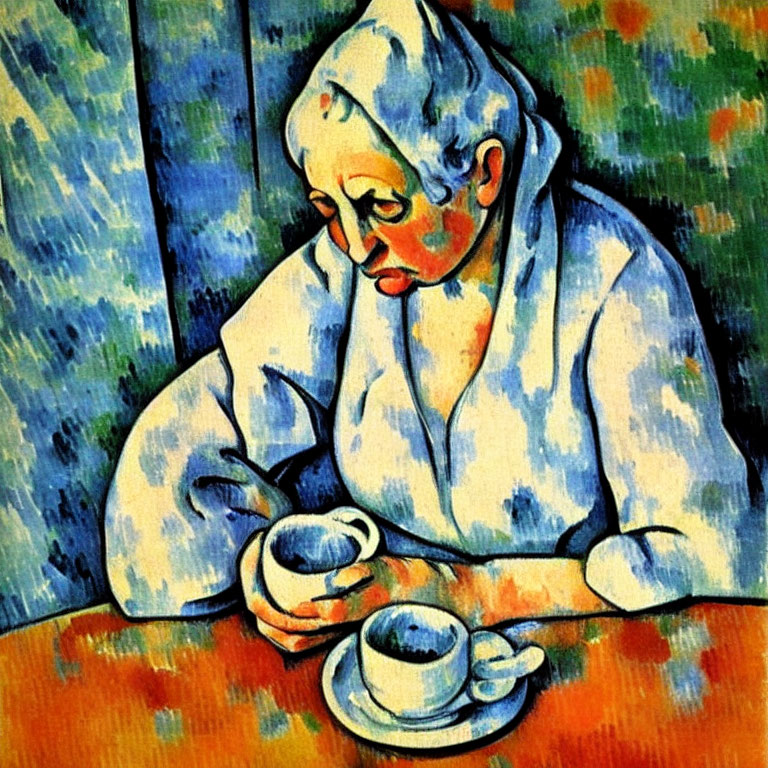 Vibrant Expressionist painting of woman at table with coffee cups