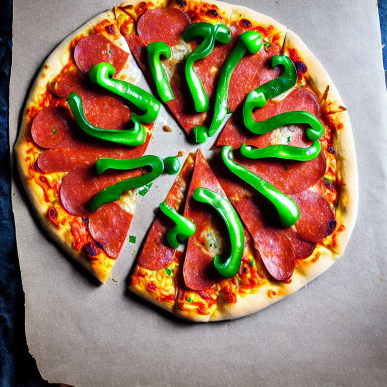 Pepperoni and Green Bell Pepper Pizza Slice on Cardboard