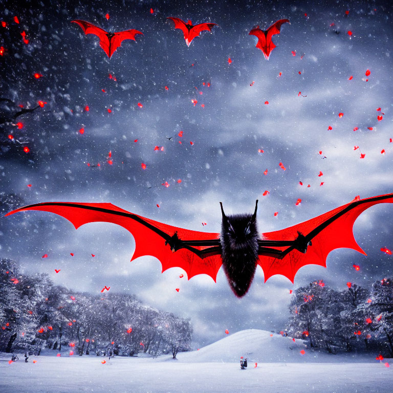 Fantasy image of red-winged bats in snowy landscape with red leaves under stormy sky