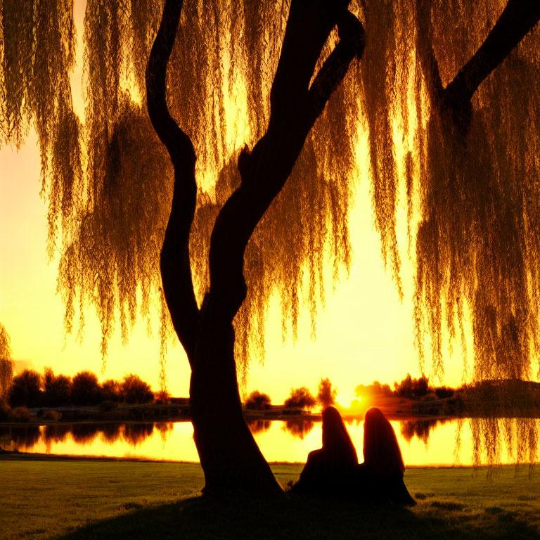 Tranquil sunset scene: Two people under willow tree by lake