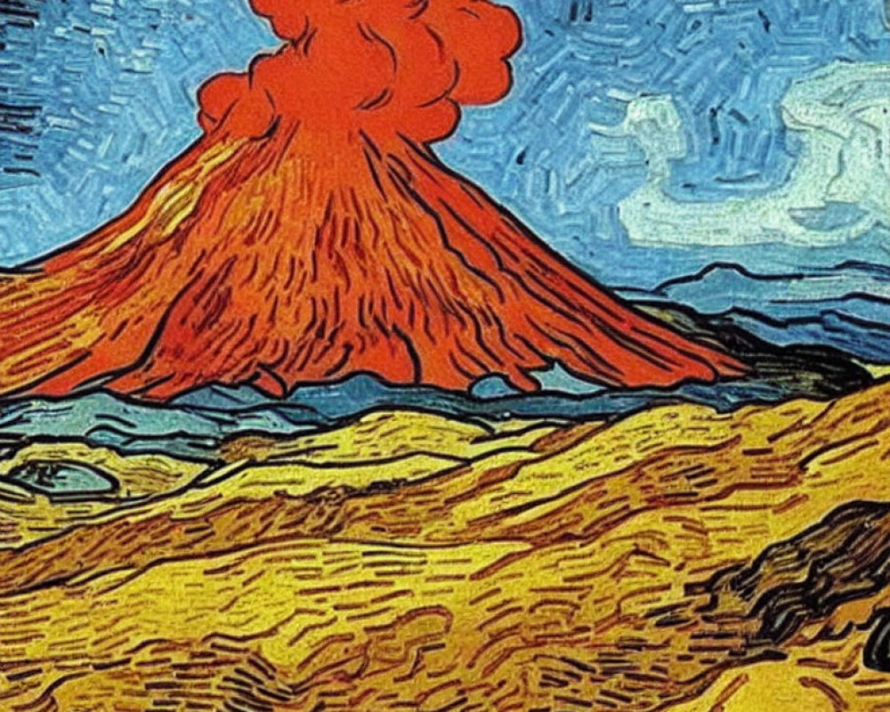 Vibrant post-impressionistic painting of red volcano in yellow landscape