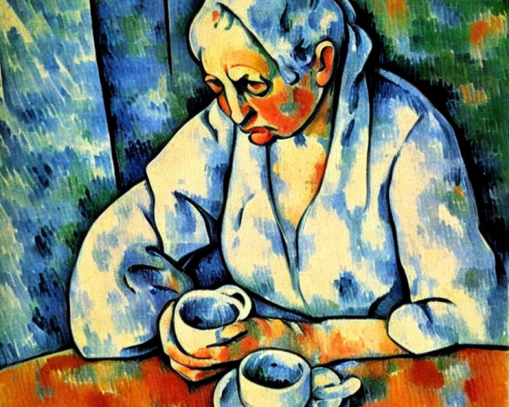 Vibrant Expressionist painting of woman at table with coffee cups