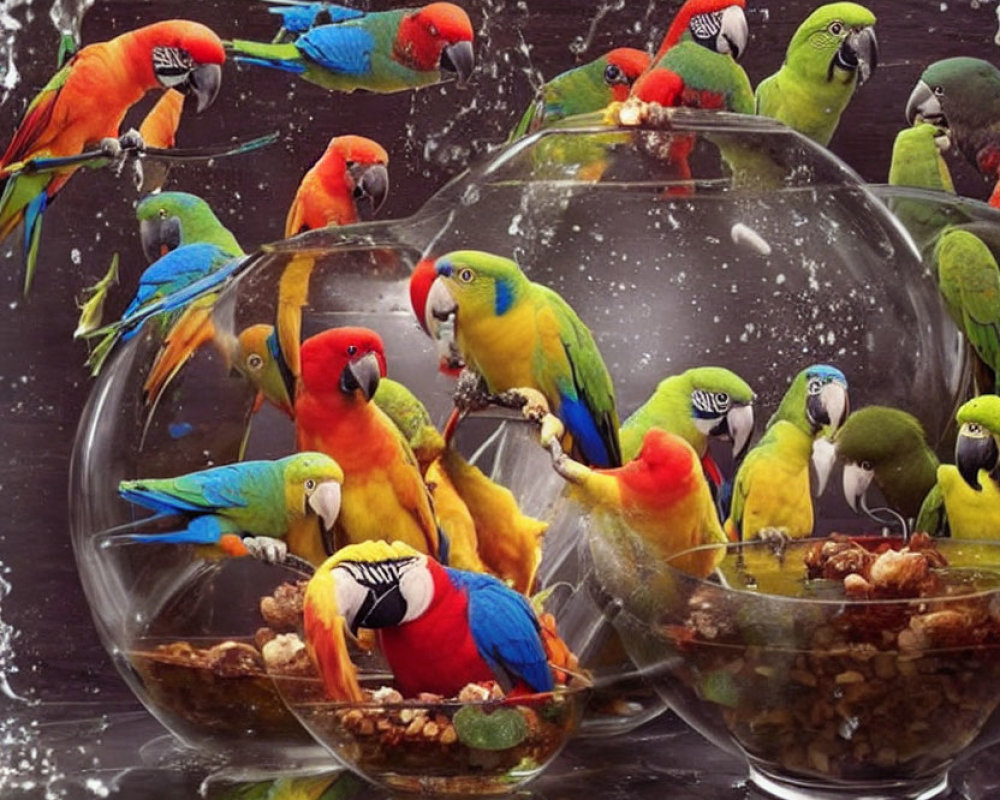 Vibrant Parrots Around Transparent Bowls on Dark Background