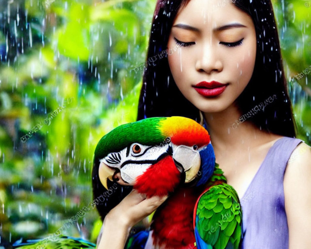 Woman embracing colorful parrot in simulated rain with lush green backdrop