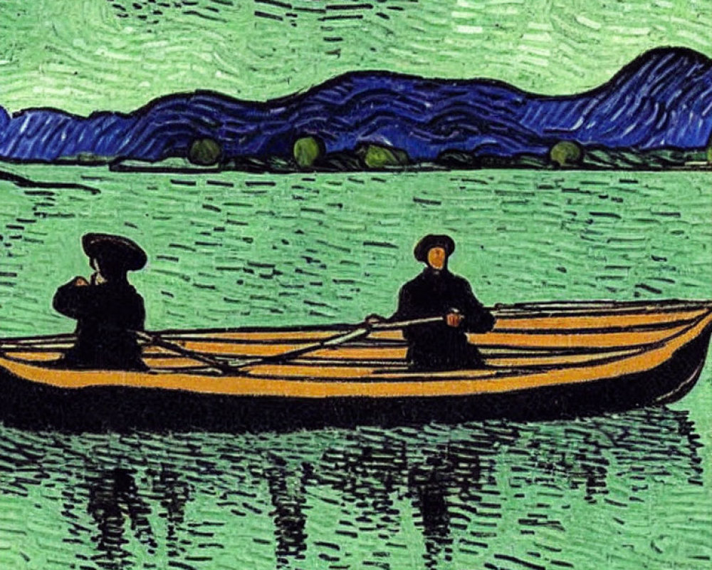 Rowboat on Lake with Swirling Patterns and Starlit Sky in Green and Blue Hues