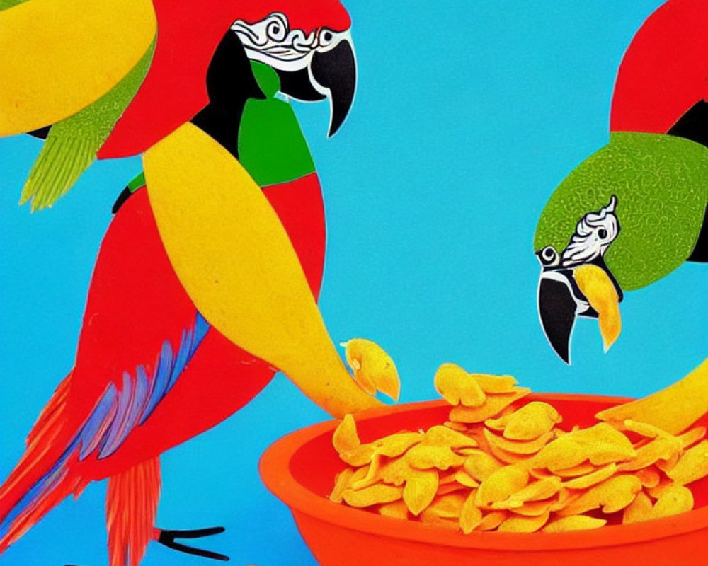 Colorful Macaws Sharing Chips on Blue Background