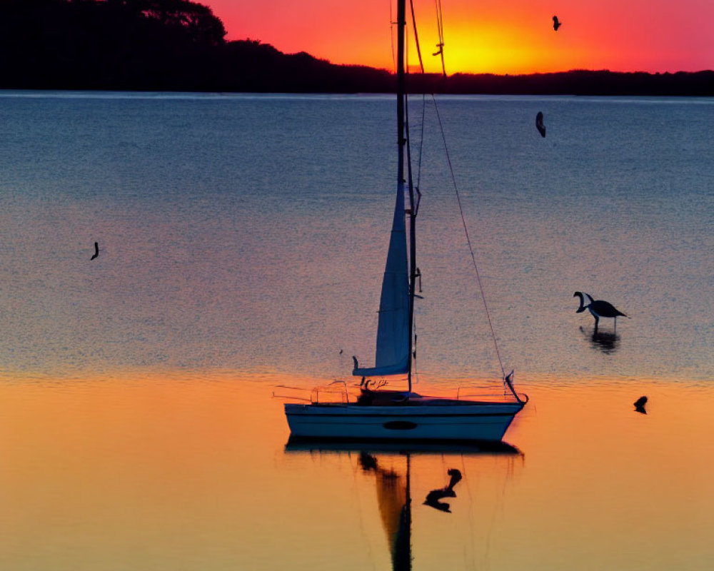 Sailboat, birds, vibrant sunset, orange and red hues on calm waters