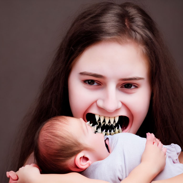 Digitally altered photo of girl with monstrous mouth holding baby on gray background