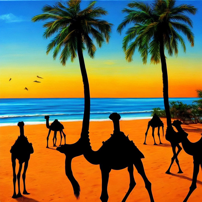 Sunset beach scene with camel silhouettes, palm trees, and birds