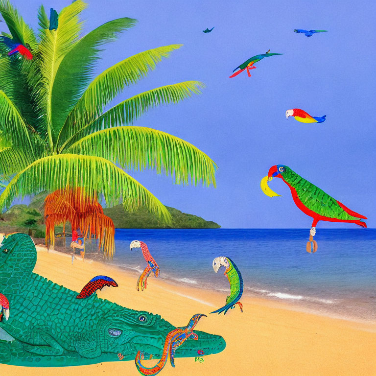 Vibrant tropical beach with parrots, crocodile, and iguana
