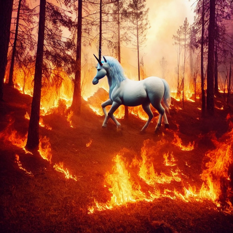 White unicorn galloping in burning forest with flames and smoke