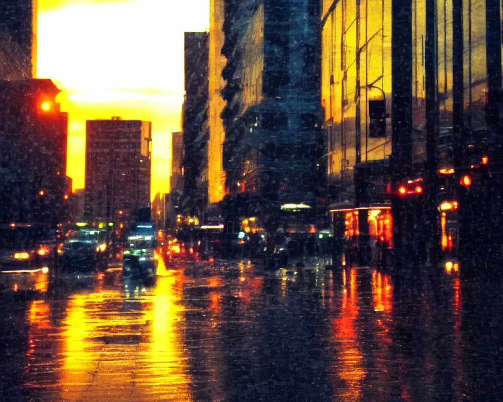Urban street scene at dusk with wet pavements, reflecting golden sun hues, high-rise buildings, and