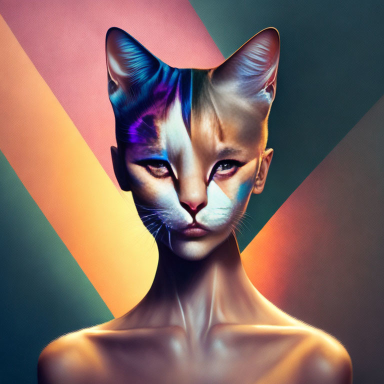 Digital Artwork: Humanoid Figure with Cat Head on Geometric Background
