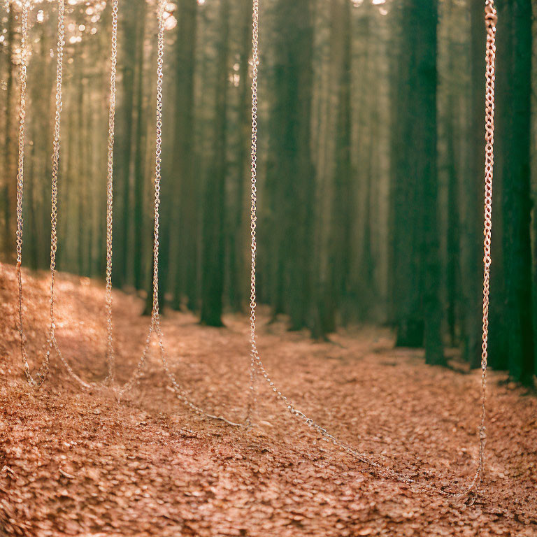 Abandoned swings in forest with sunlight and fallen leaves