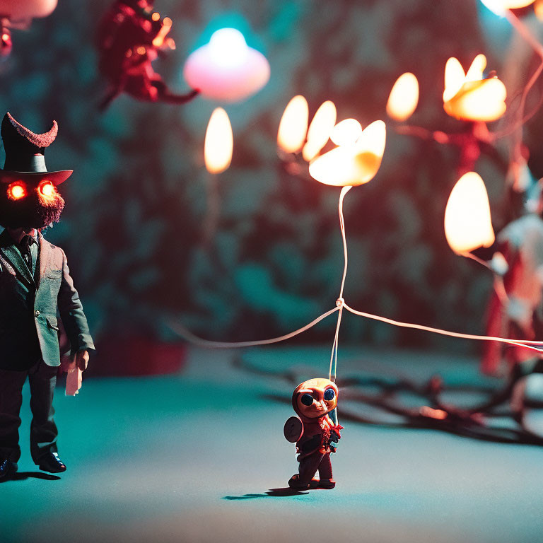 Miniature figure in suit with sunglasses holds frying pan under whimsical lights, facing top-hat figure