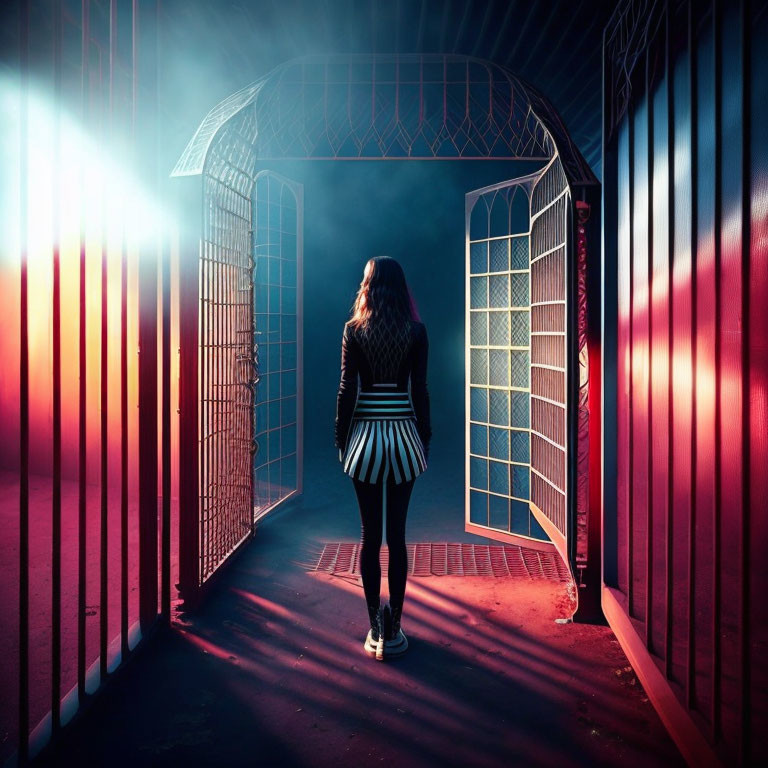 Woman standing before open gate under red and blue lights