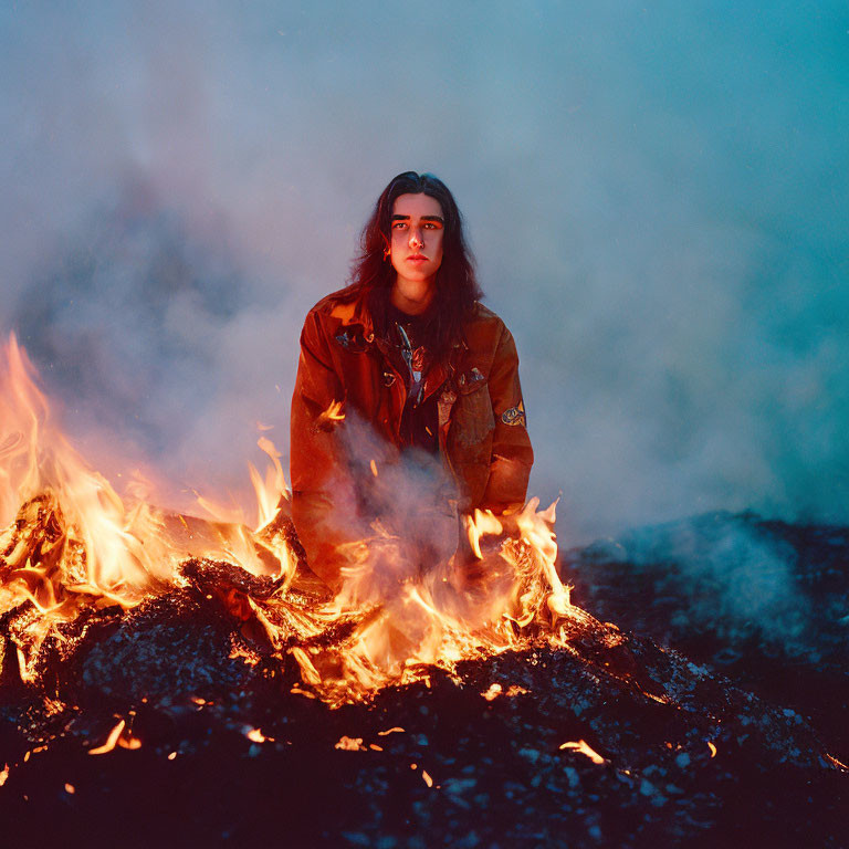 Person with Long Hair in Leather Jacket Sitting by Fire in Misty Atmosphere