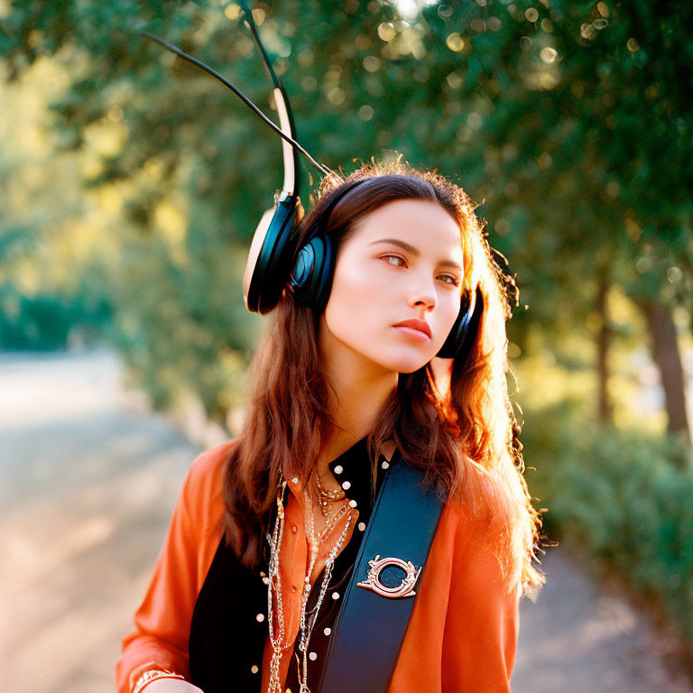 Stylish Woman in Orange Jacket with Black Headphones Outdoors