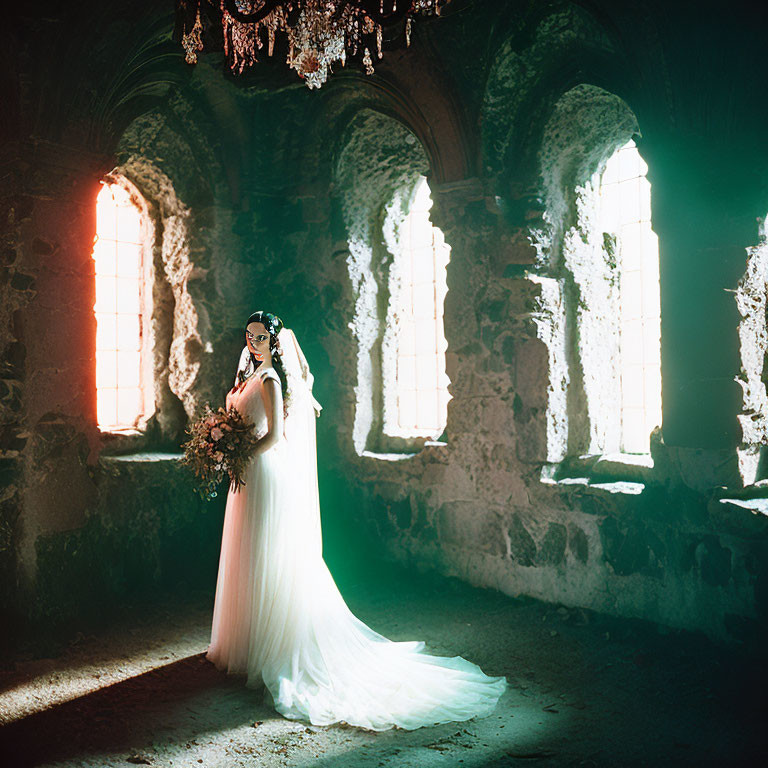 Bride in white gown with bouquet in historic sunlit room