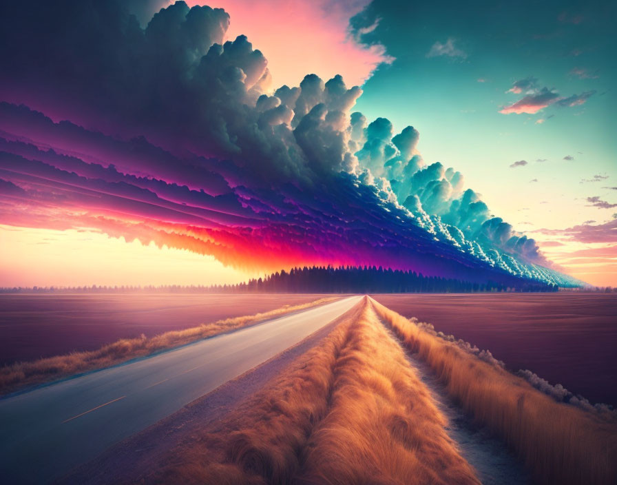 Empty road leading to surreal gradient sky with vibrant sunset colors over tranquil field