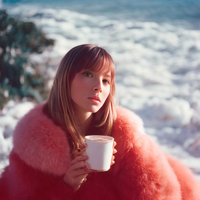 Woman in Pink Faux Fur Coat with Bangs Holding Mug