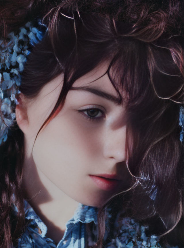 Dark-haired woman with blue flowers in her hair, looking at the camera with a shadow on her face